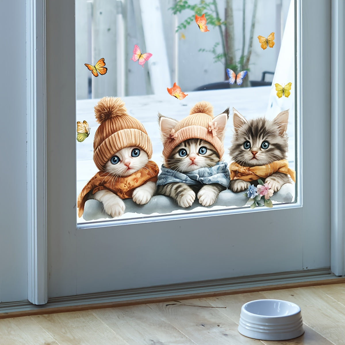 Cute Winter Cat and Butterfly Window Clings Reusable Double-Sided Glass Decor