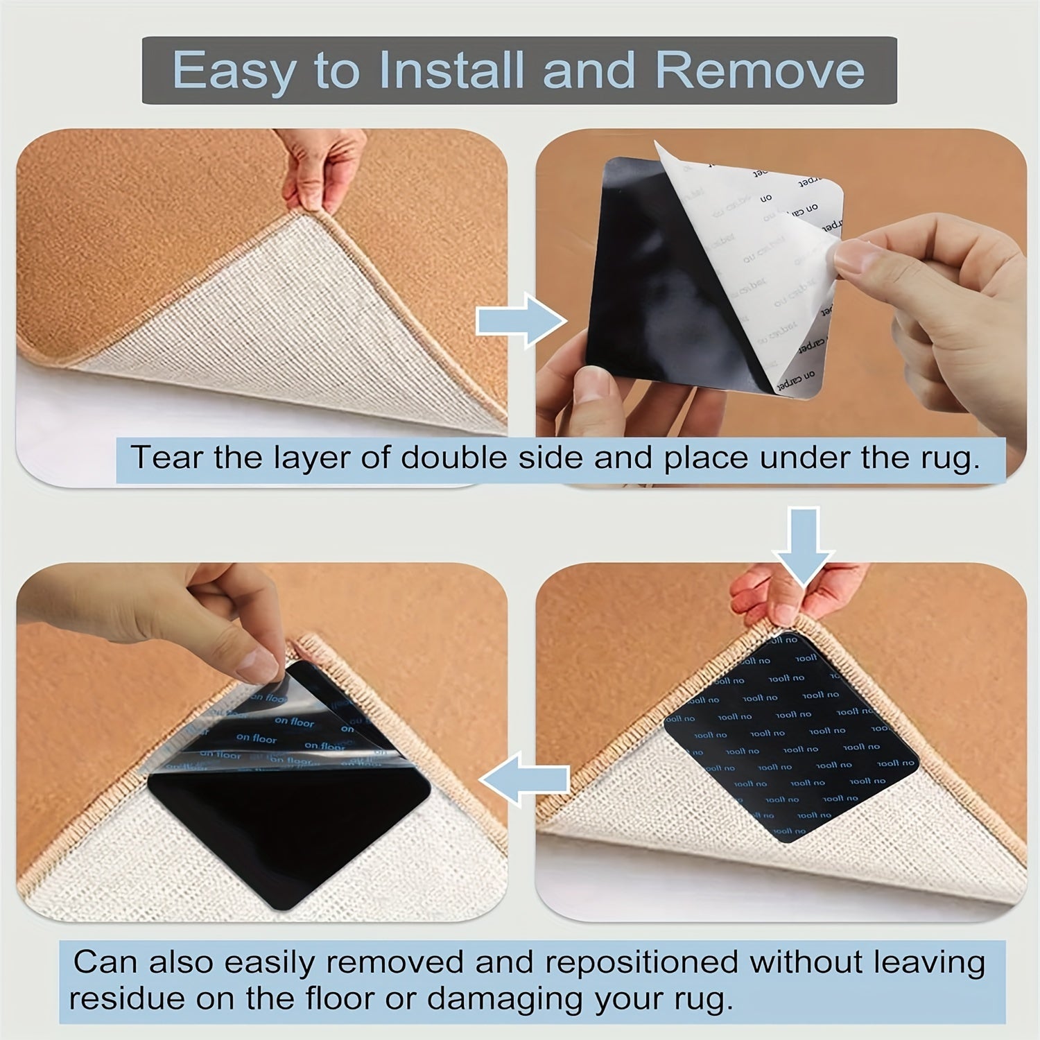 Black Non-Slip Carpet Mat for Hardwood Floors Reusable Washable Grips