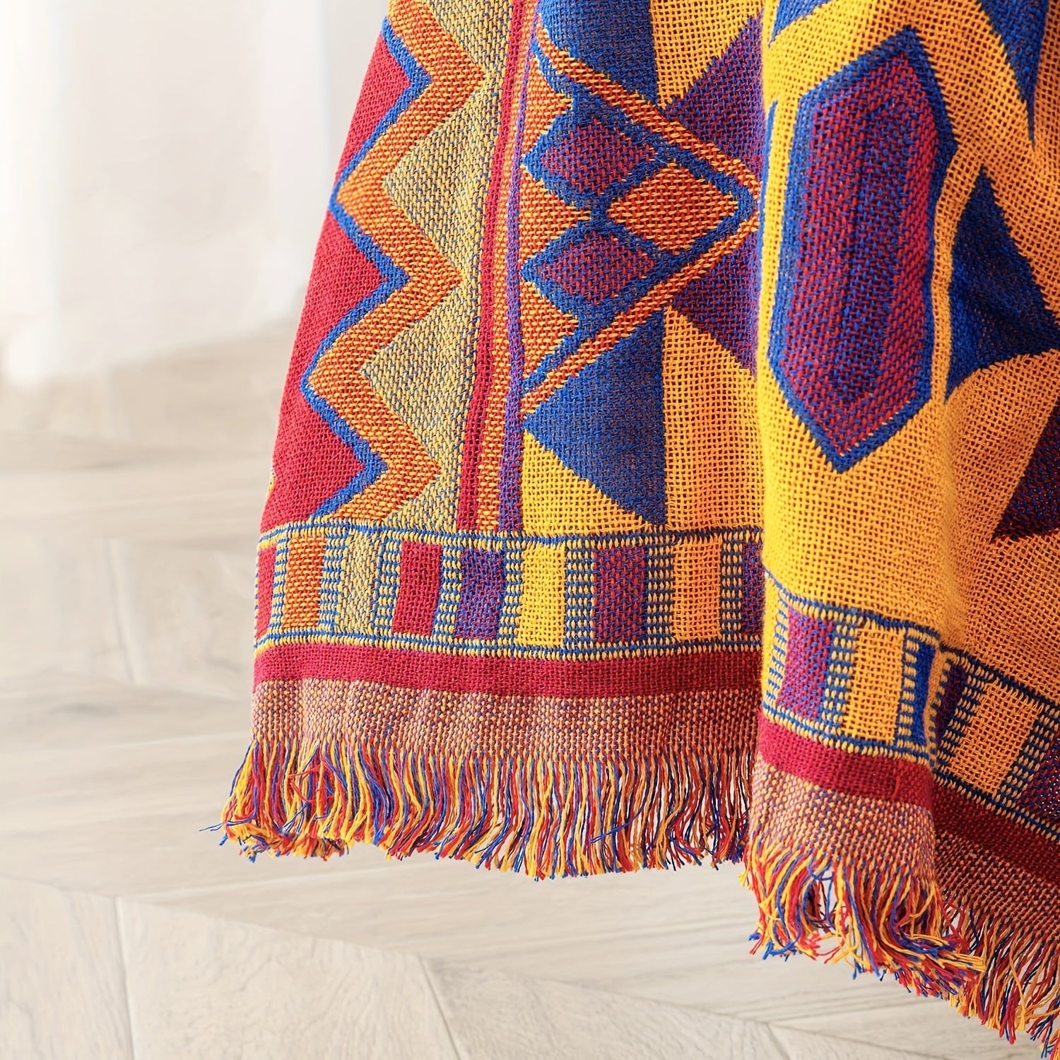 Bohemian Reversible Throw Blanket with Geometric Pattern and Tassels for Couch Protection