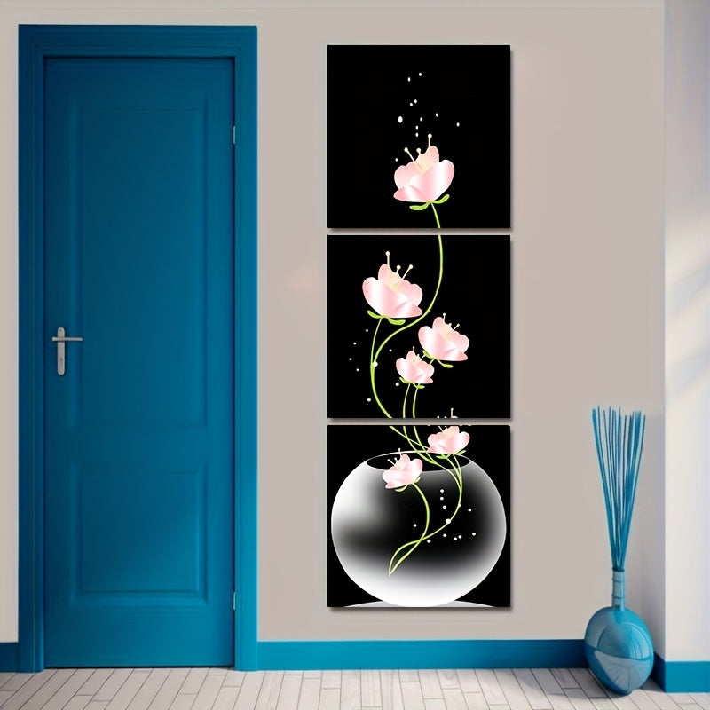 Set of 3 Pink Flower Canvas Wall Art Framesless Floral Landscape Minimalist Decor
