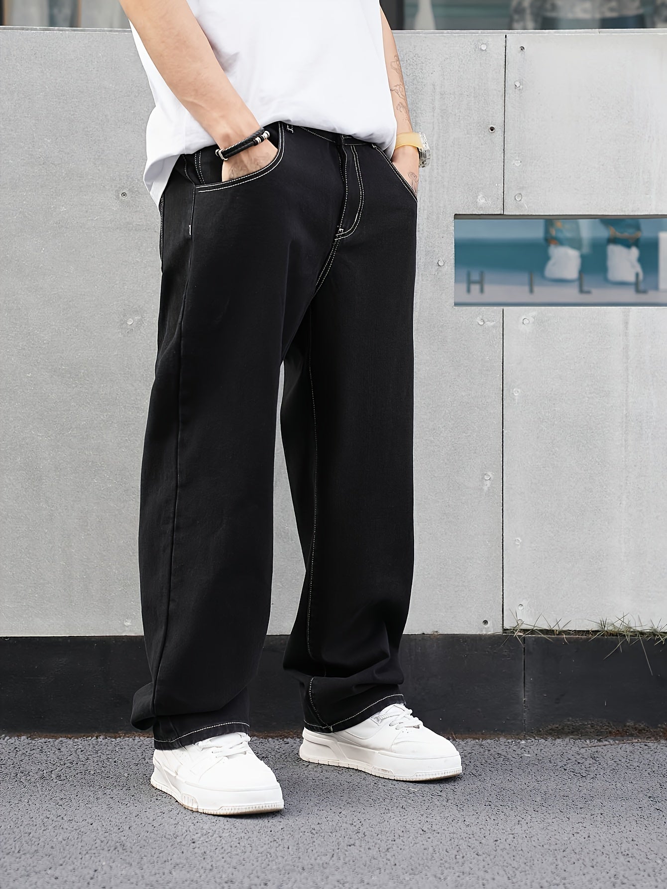 Men's Casual Denim Jeans Loose Fit Raw Wash Cotton Polyester Low Waist Regular Length