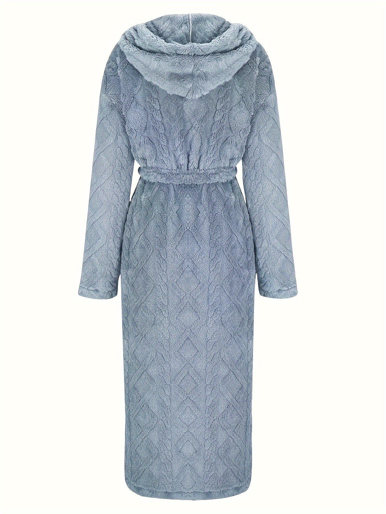 Men's Over-the-Knee Fleece Bathrobe with V-Neck, Blue Quilted Design for Winter