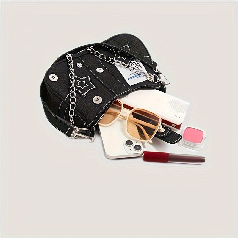 Denim Shoulder Bag with Star Pattern Moon Shape Chain Strap Zipper Closure