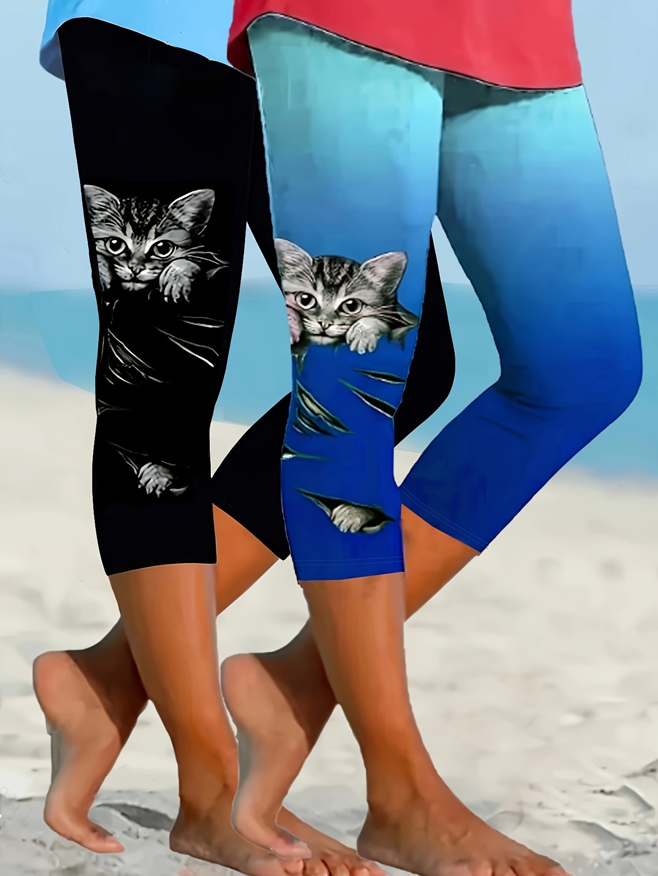 Women Plus Size Cat Print Capri Pants Fitted Comfortable Stretchable