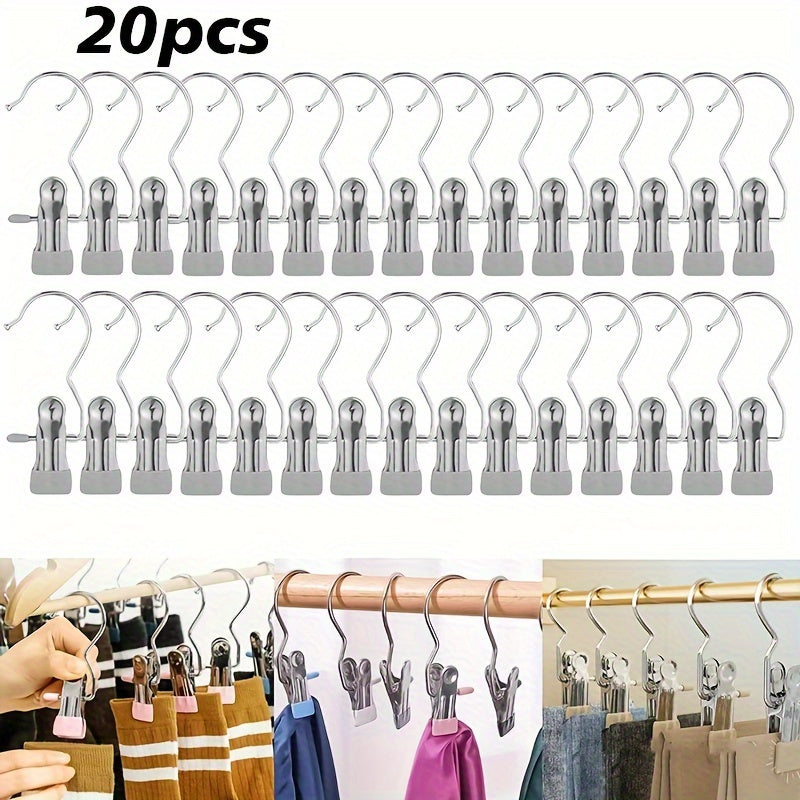 Set of 20 Stainless Steel Multi-Use Clips with Hooks for Laundry and Storage