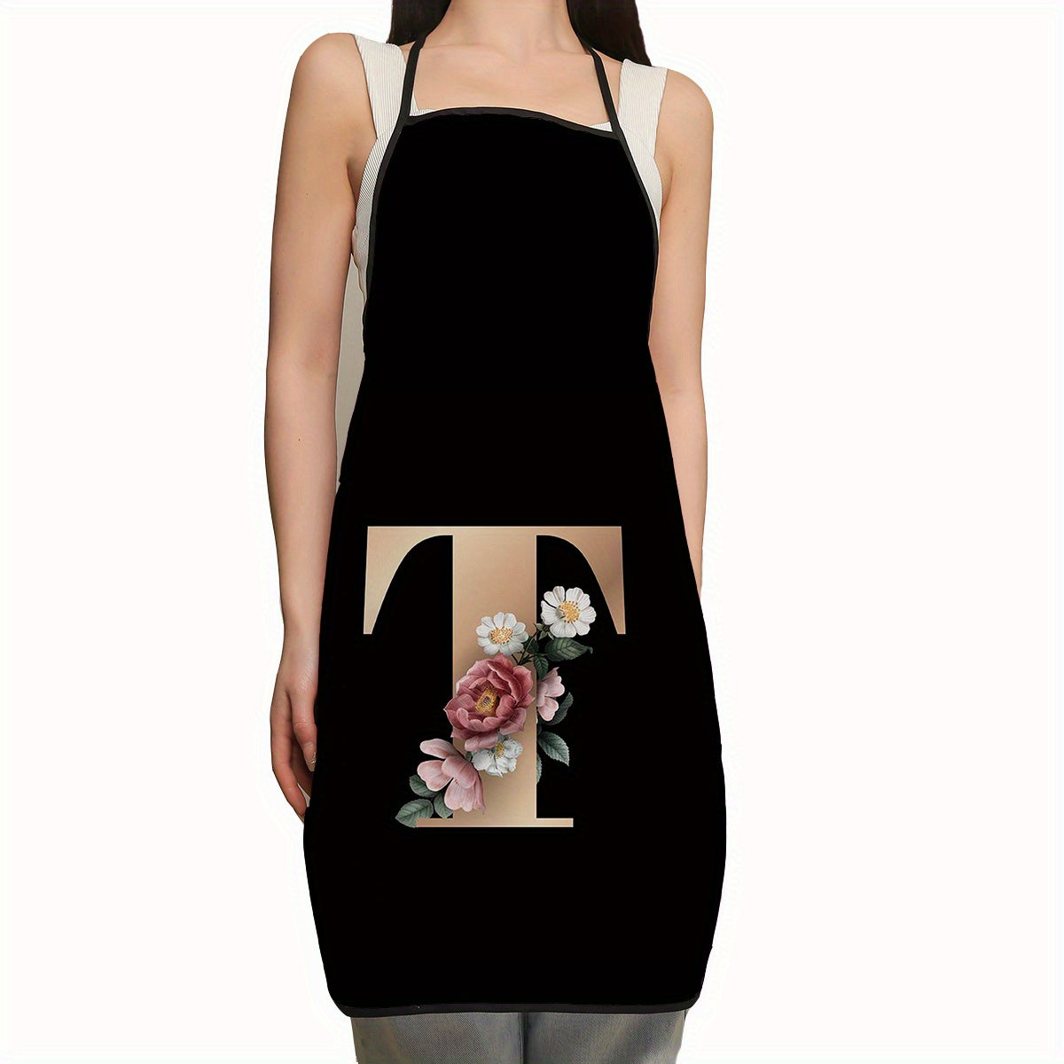 Polyester Apron with Adjustable Suspenders and Letter Flower Pattern for Restaurant Waiters and Chefs