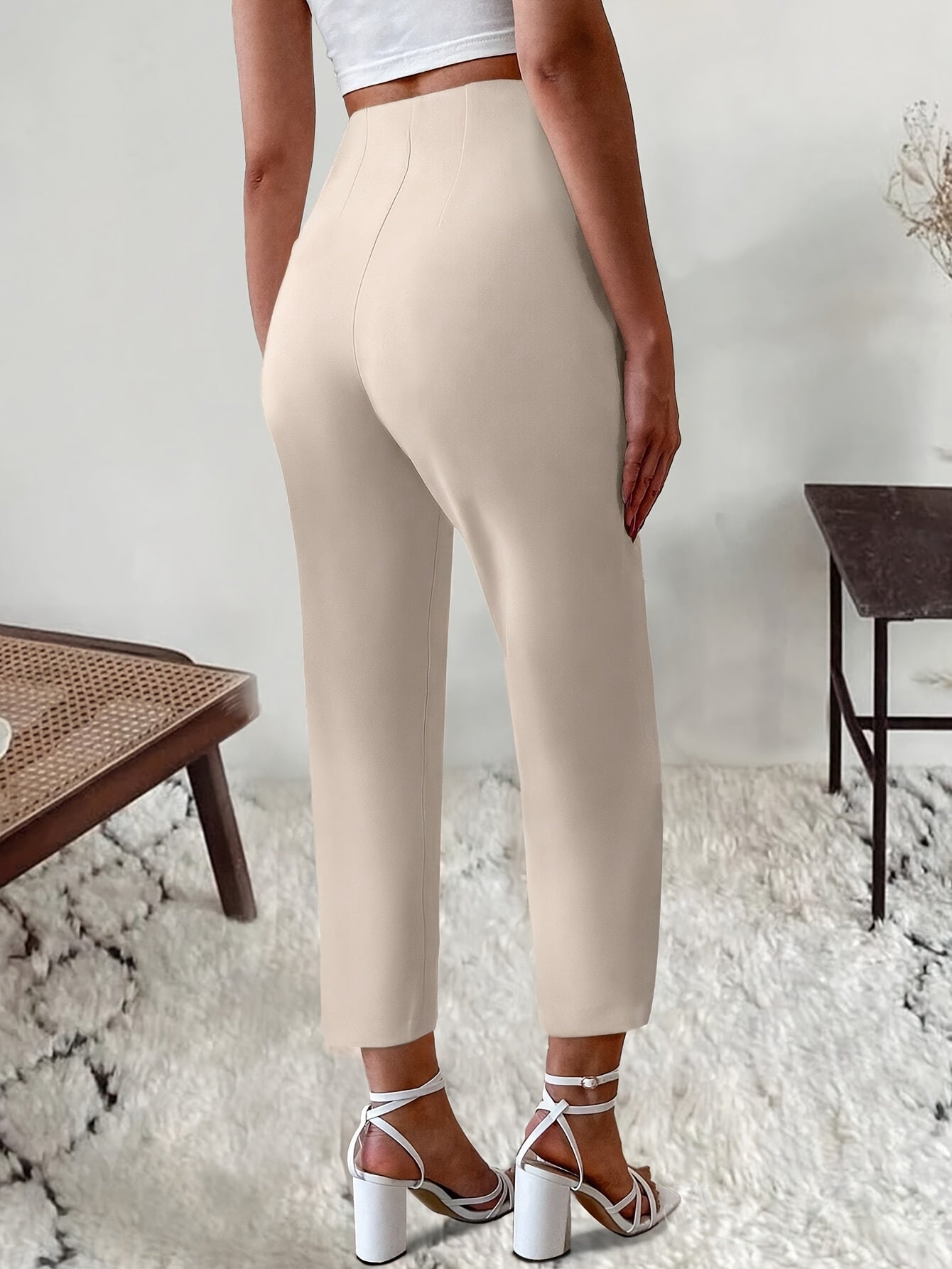 Women's High-Waist Casual Trousers Slim Fit Solid Color Polyester All-Season