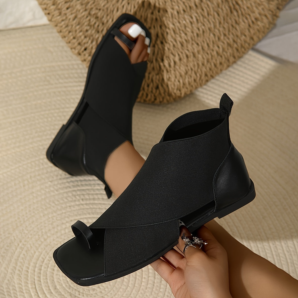 Women's Flat Open Toe Sandals with Thick Heel and Synthetic Material