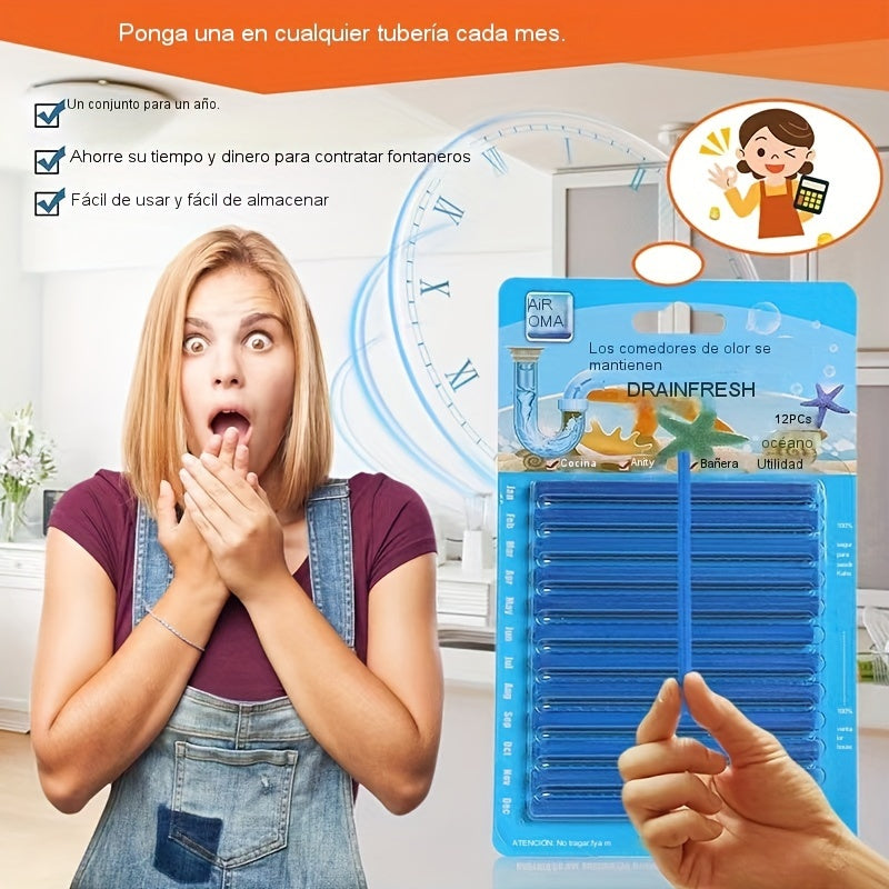 [Любимое у клиентов] Держите свои стоки чистыми с помощью 12 шт. палочек для чистки стоков Air OMA - Красочное, устраняющее запахи решение для кухонных и ванных раковин и душевых, легкое использование, не требует электроэнергии.