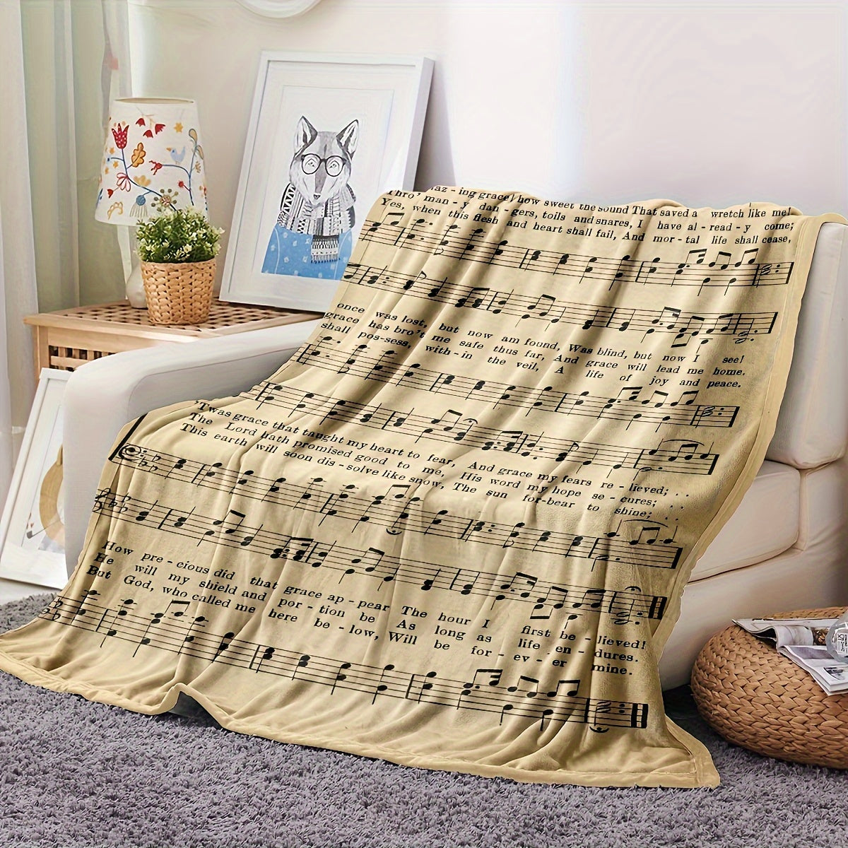 Warm Flannel Printed Blanket with Piano Sheet Music Design for Sofa Bed Camping and Travel