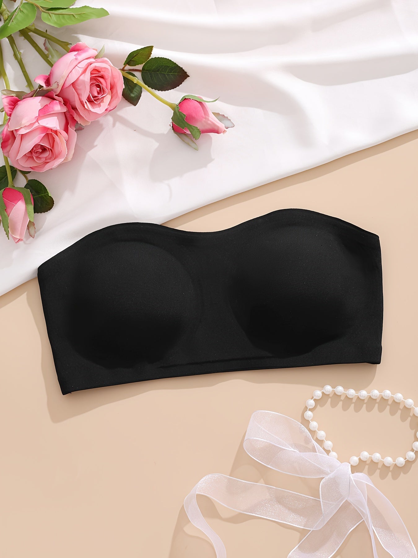 Women’s Seamless Strapless Bandeau Bra with Cross-Back Design and Removable Pads