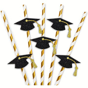 12 Graduation Cap Paper Straws with Gold Foil Accents for Parties