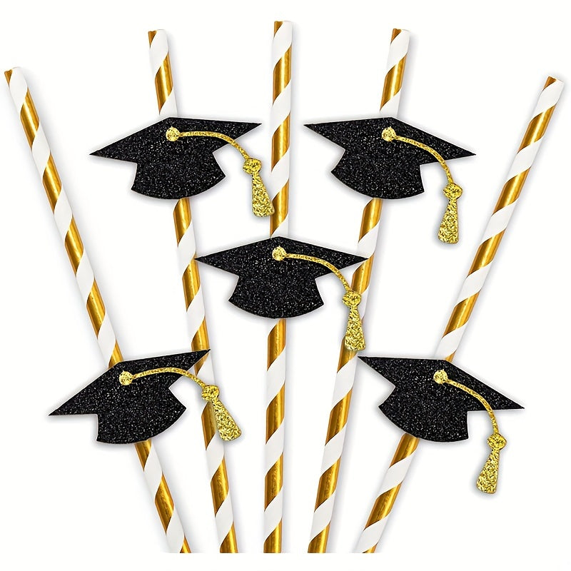 12 Graduation Cap Paper Straws with Gold Foil Accents for Parties