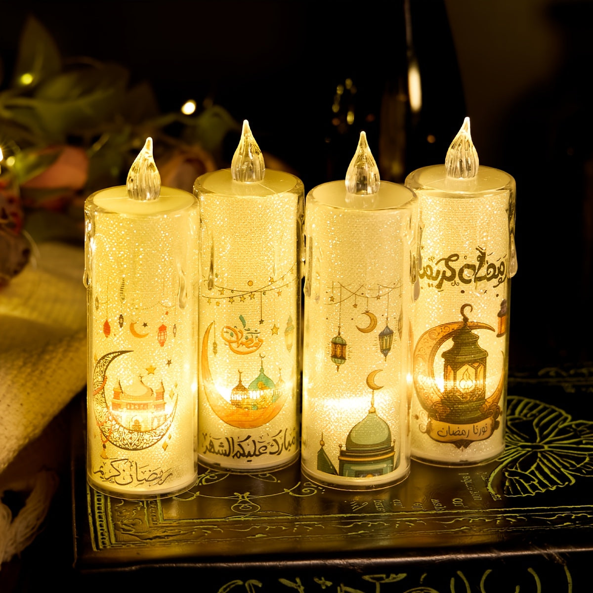 4 ta LED Ramazon sham yoritgichlari batareyalar bilan ishlaydi, Eid va bayram tadbirlari uchun mukammal.