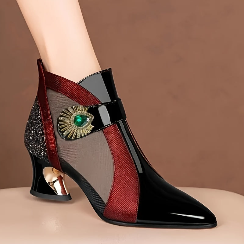 Women's Pointed-Toe Mesh Cutout Ankle Boots with Rhinestones and Zipper Closure