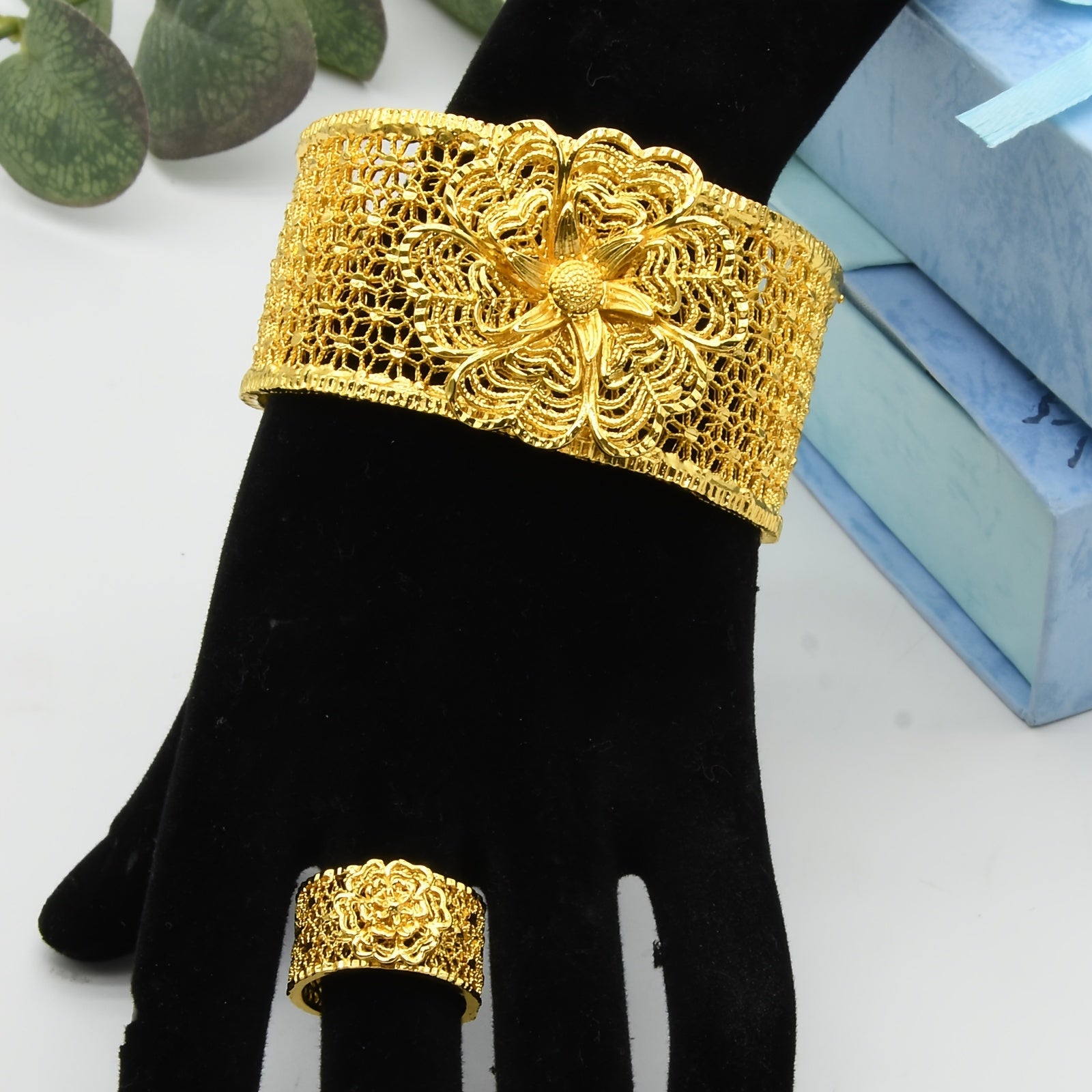 Gold Plated Zinc Alloy Jewelry Set with Adjustable Floral Bangle and Ring for Women