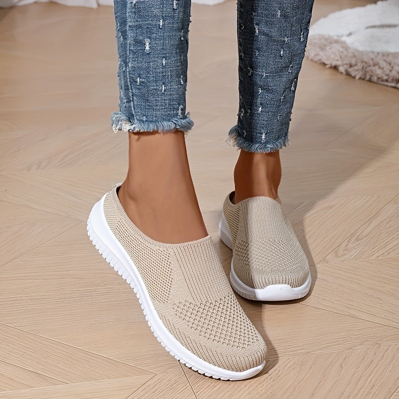 Women's Breathable Knit Mules - Slip-On Casual Shoes, Flat Shoes for Outdoor and All-Season Wear