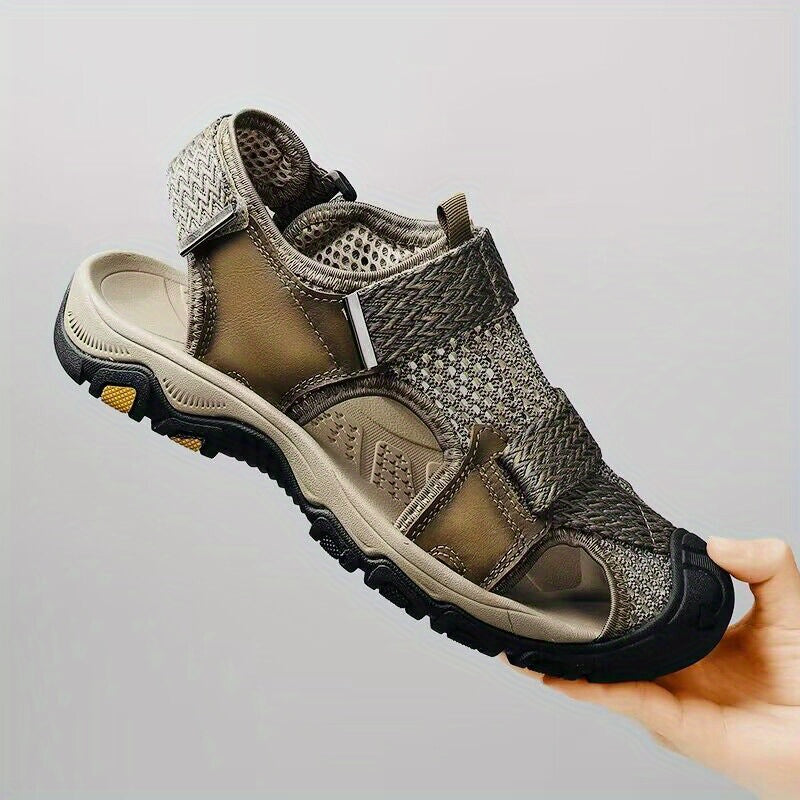 Sandalias de playa de cuero para hombre con punta abierta y suela deportiva gruesa, correas ajustables