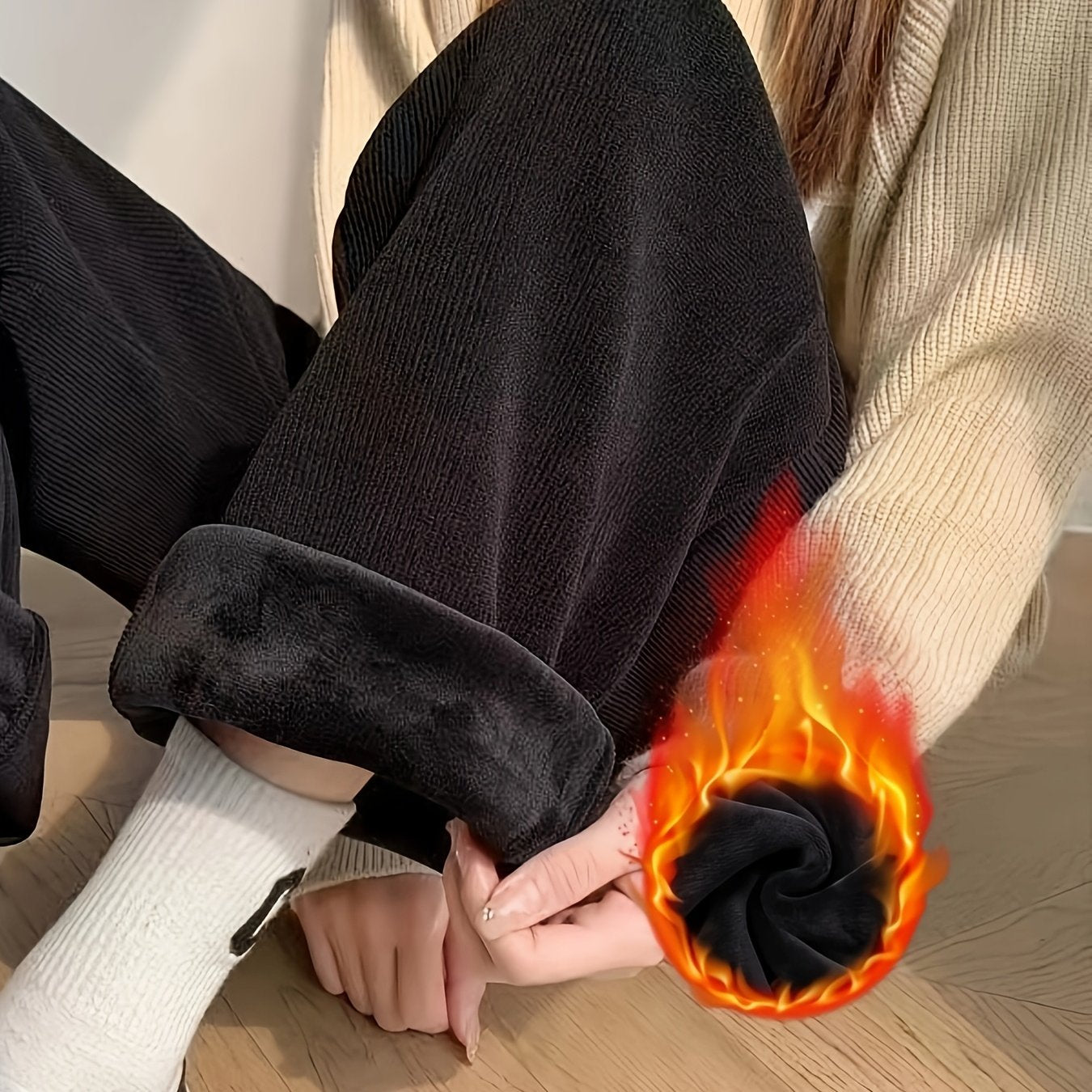 Women's Winter High-Waisted Sleep Pants Polyester Velvet Lined Casual Long