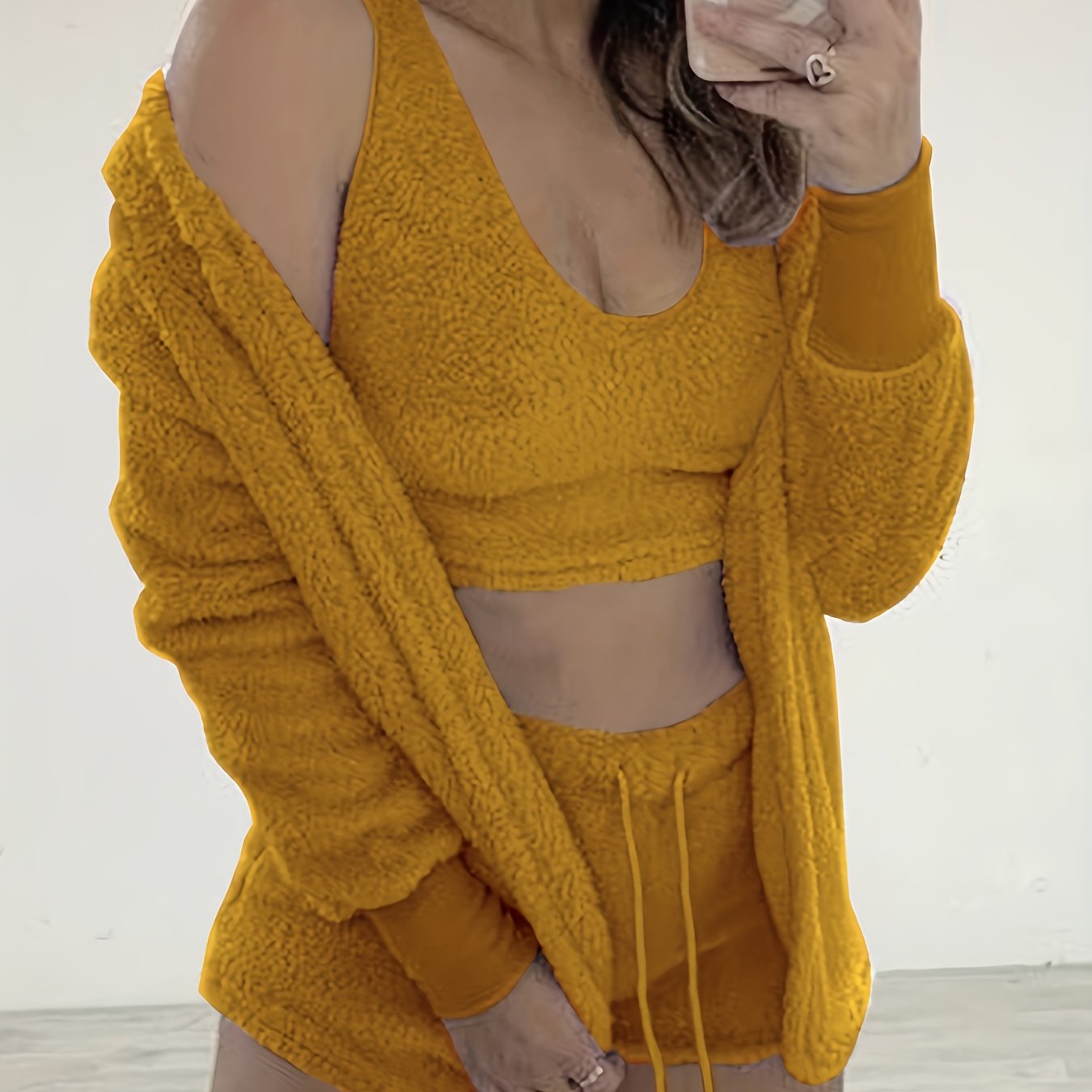 Conjunto de ropa de descanso para mujer que incluye bata con capucha, top sin mangas y pantalones cortos, para otoño e invierno, de poliéster sólido