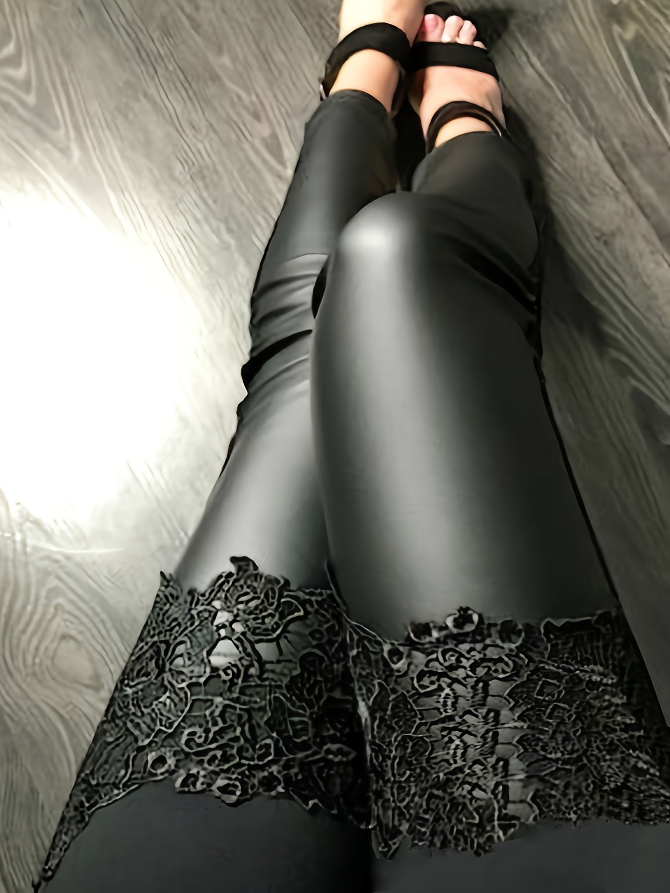 Women Casual PU Splicing Lace Tights Large Size Daily Wear