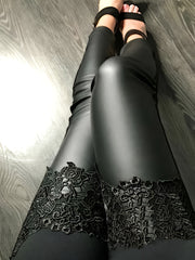 Women Casual PU Splicing Lace Tights Large Size Daily Wear