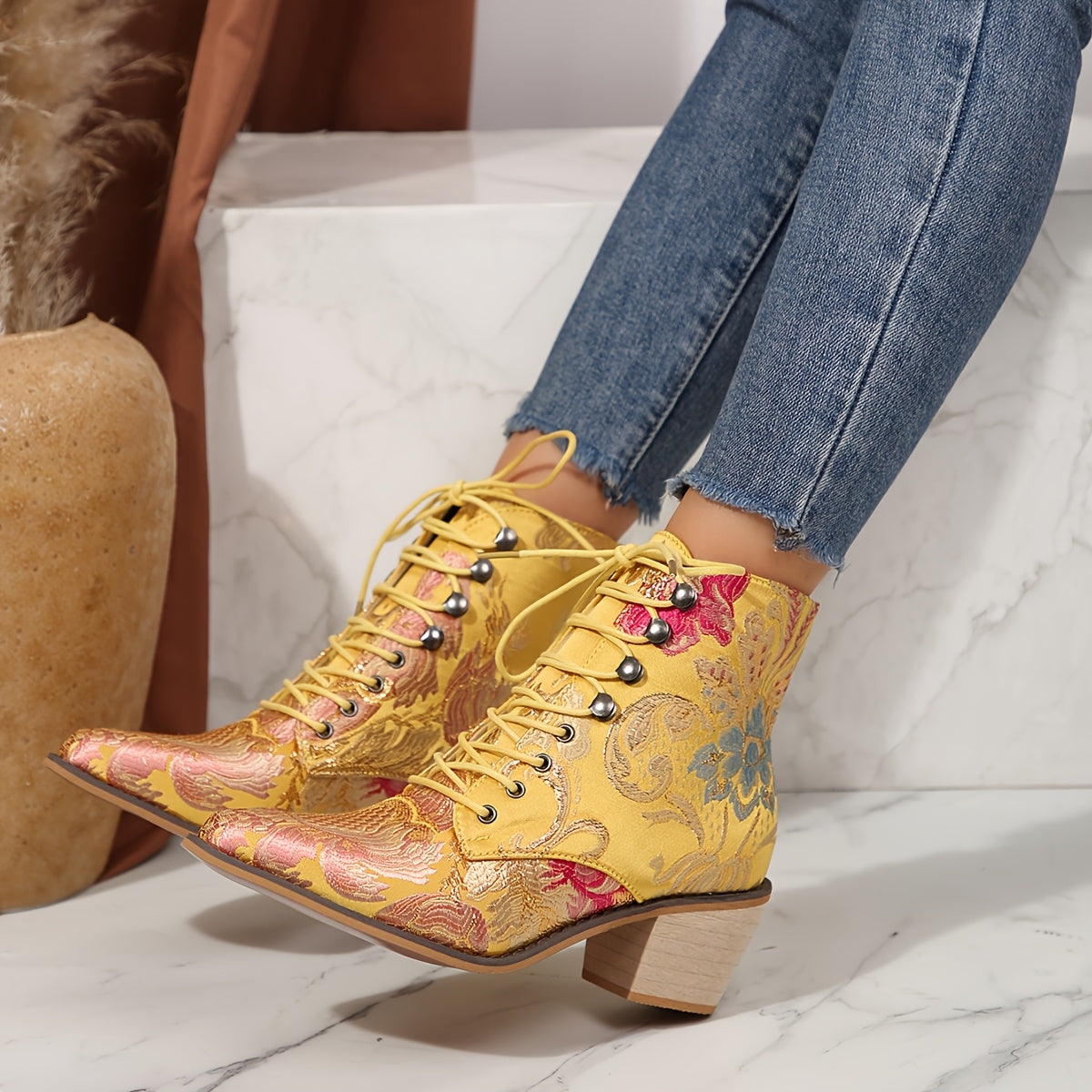 Women Lace-Up Ankle Booties with Floral Embroidery Pointed Toe High Heel