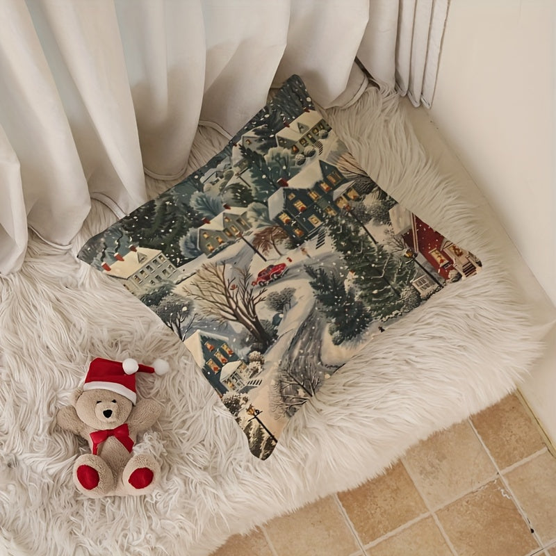 Christmas Eve Snow Scene Linen Throw Pillow Cover 44.96cm Zippered Machine Washable for Sofa Living Room Bedroom