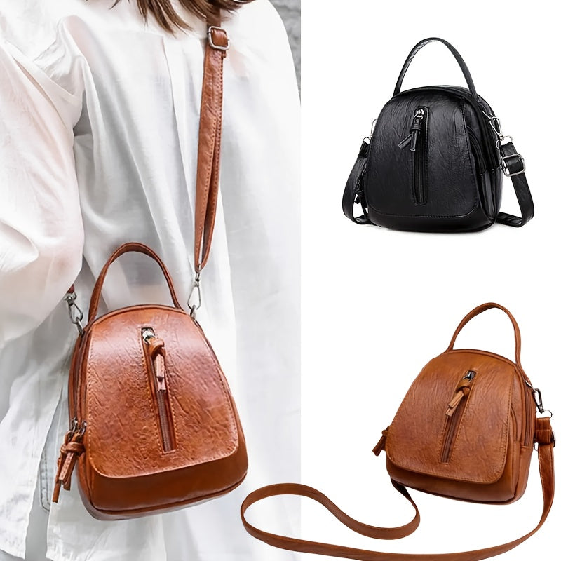 Unisex Brown PU Crossbody Bag with Zipper and Adjustable Strap