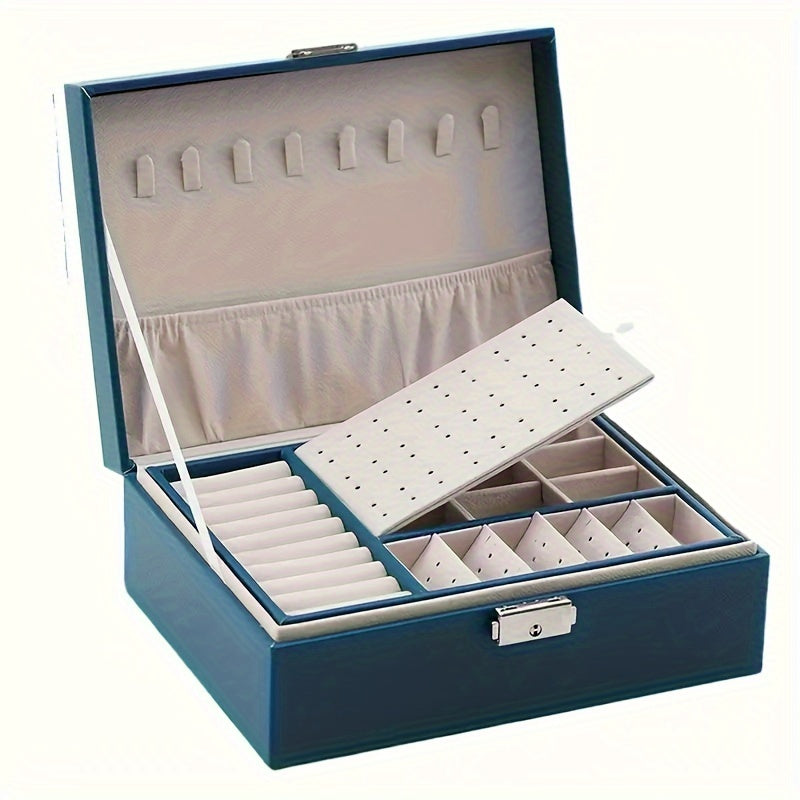 Caja de almacenamiento para joyas para pendientes, anillos y collares con doble capa y cerradura