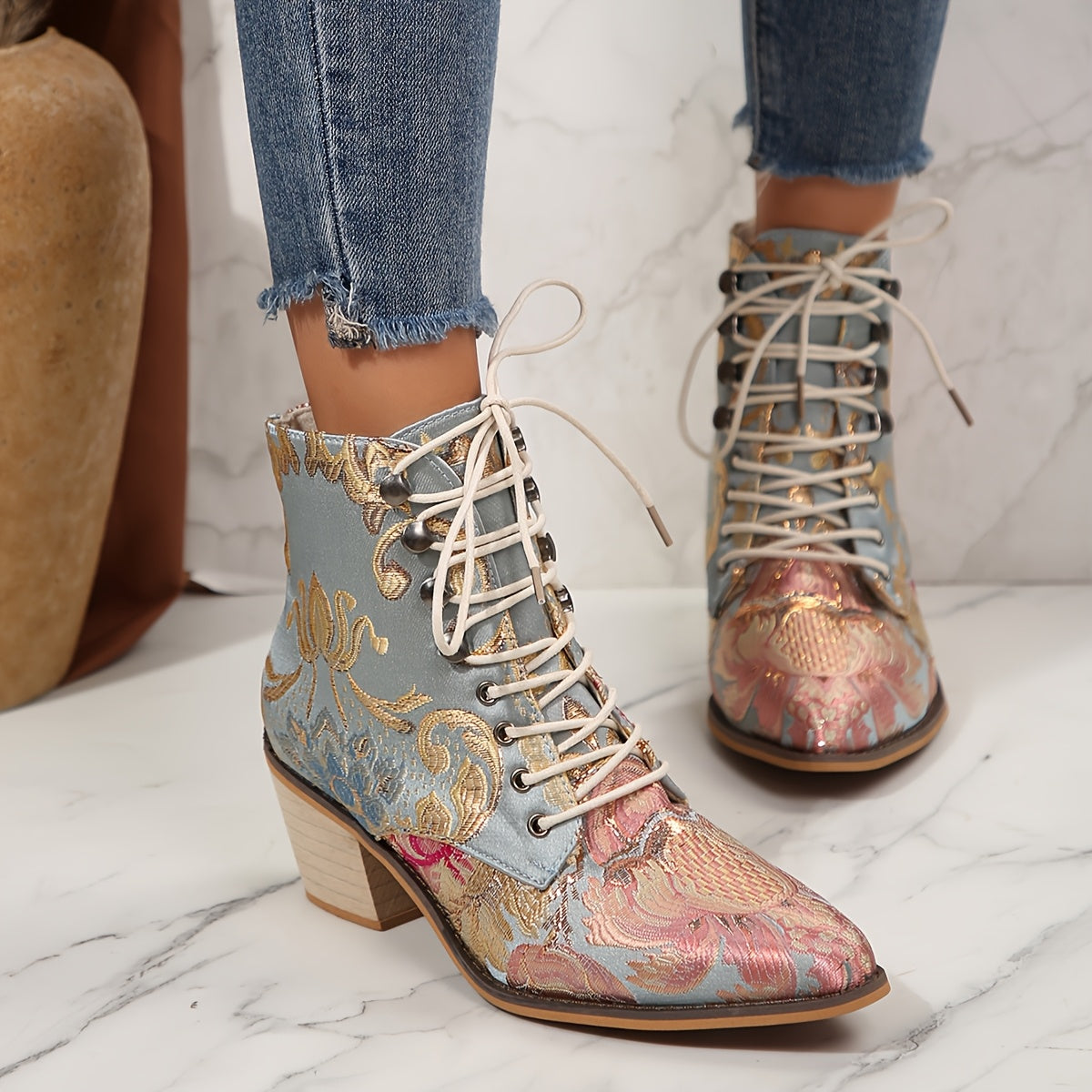 Women Lace-Up Ankle Booties with Floral Embroidery Pointed Toe High Heel
