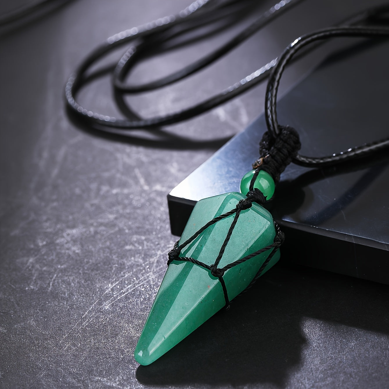 Men's Hexagonal Cone Pendant Necklace with Braided Rope and Amethyst Crystal