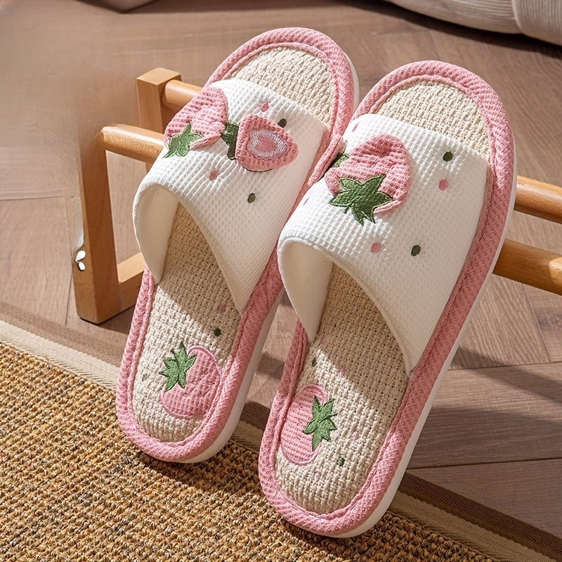 Women's Linen Slip-On Shoes with Strawberry Heart Design Indoor Non-Slip