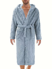 Men's Over-the-Knee Fleece Bathrobe with V-Neck, Blue Quilted Design for Winter