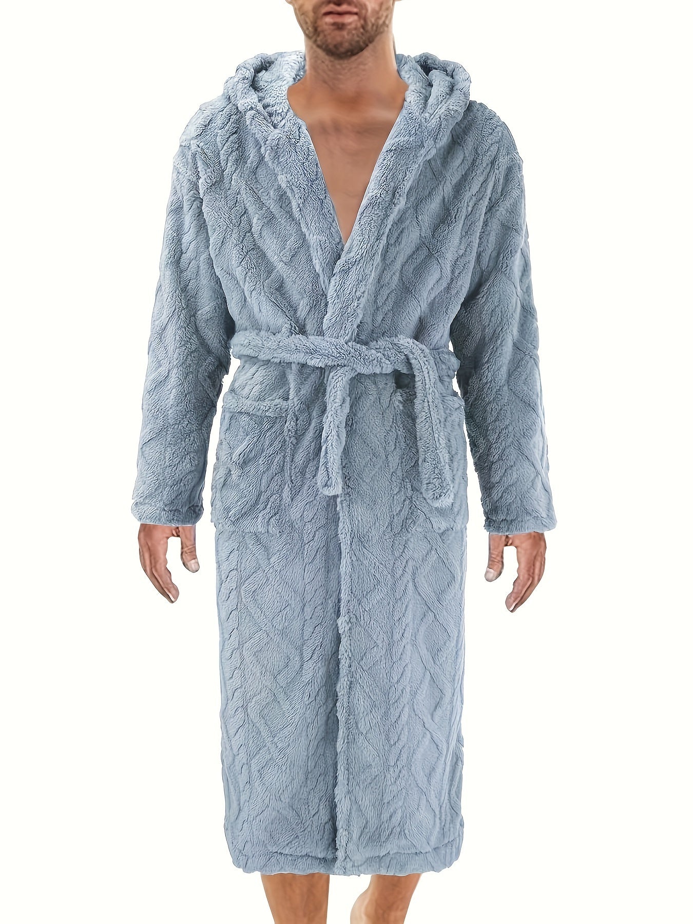 Men's Over-the-Knee Fleece Bathrobe with V-Neck, Blue Quilted Design for Winter