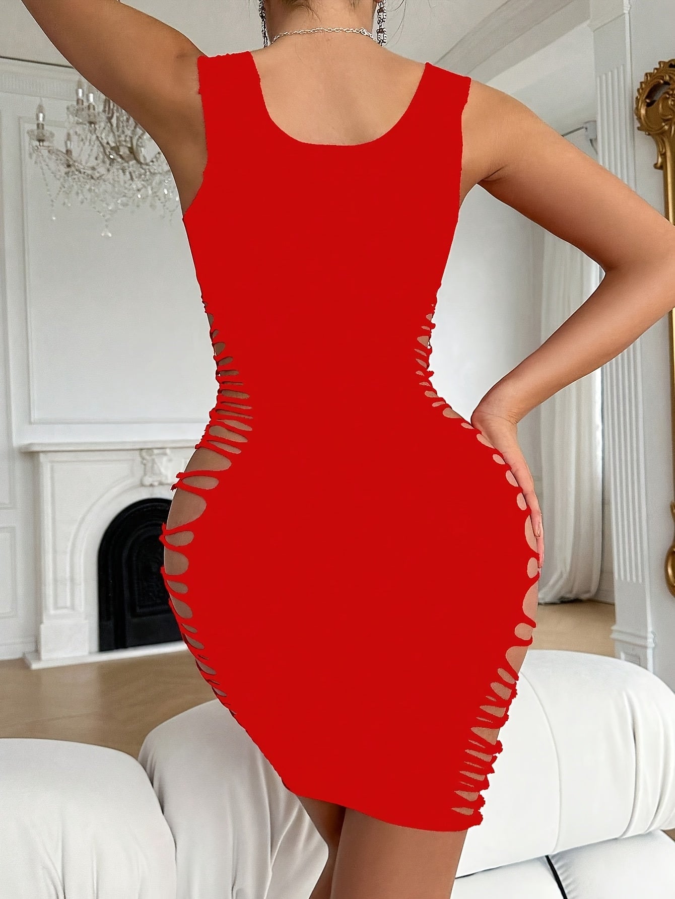 Women's Red Cut-Out Bodysuit with High Support Knit Fabric and Hollow Detail