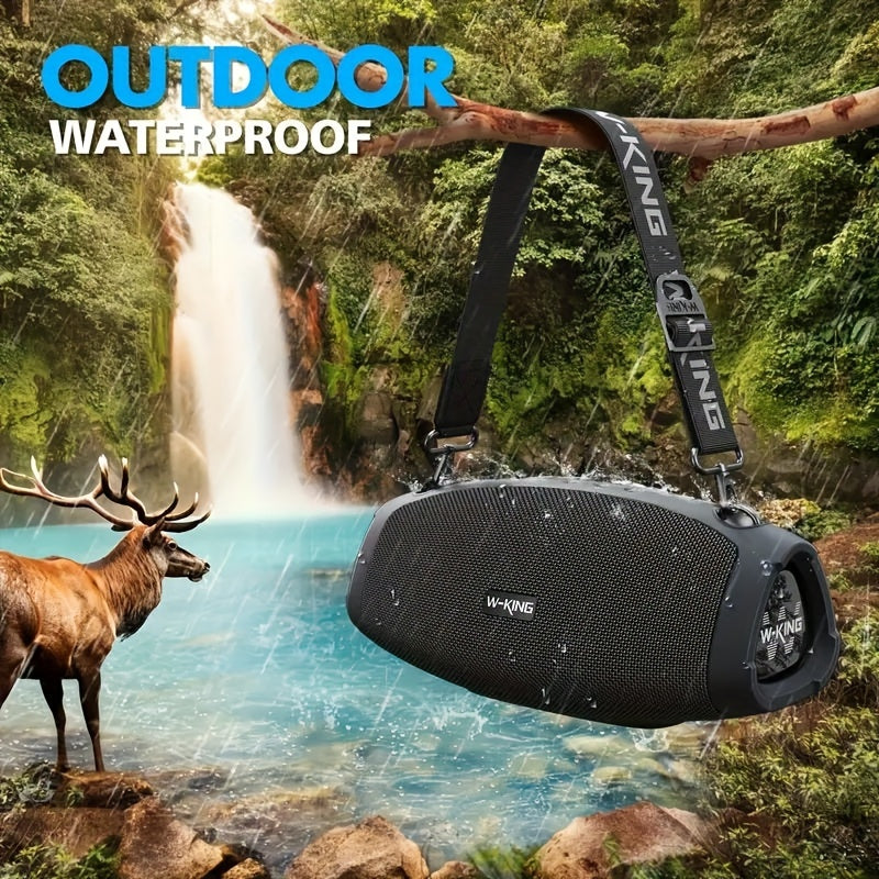 W-KING portativ simsiz dinamik, 90W cho'qqi quvvat, stereo ovoz, ikki tomonlama EQ, bass kuchaytirish, USB zaryadlash, 4-dinamik tizim, tugma boshqaruvi, TF karta sloti, AUX-IN, tashqi foydalanish uchun olib tashlanadigan tasma.