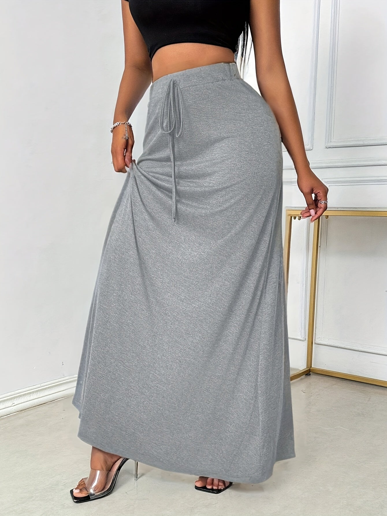 Plus Size Women’s Carbon Gray Maxi Skirt High Waist Slimming Casual