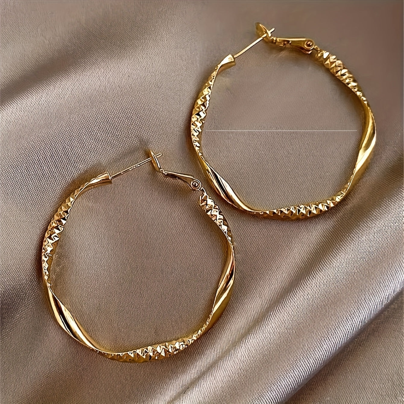 Women Twisted Gold-Tone Hoop Earrings Textured Sparkling Accents