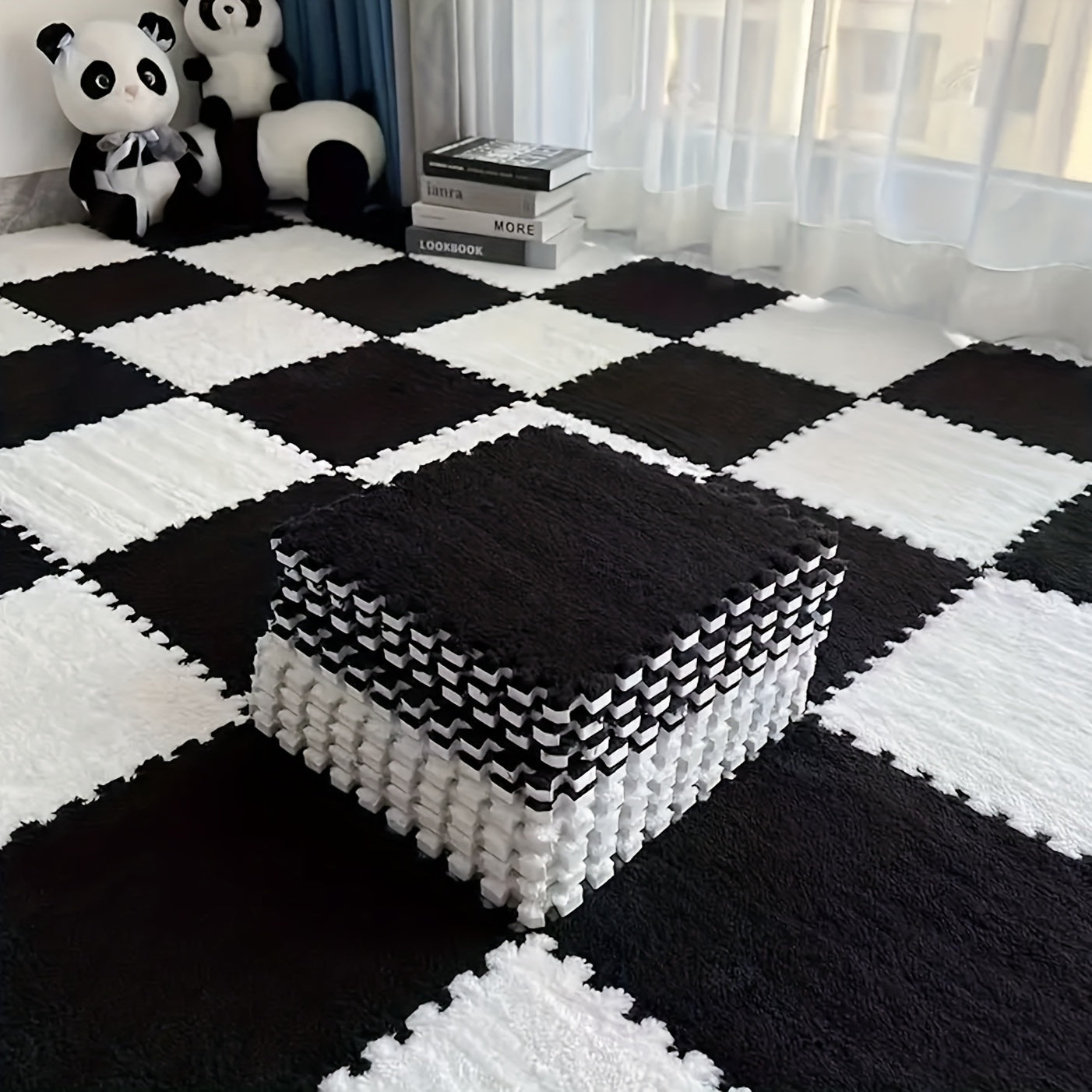 12pcs Black and White Mosaic Carpet Set Washable Plush Mats for Bedroom Living Kitchen Bathroom