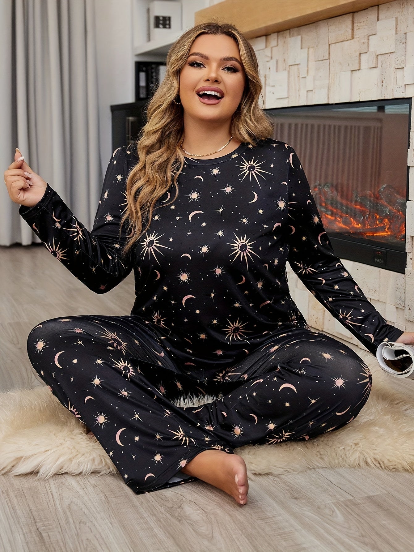 Plus-Size Women's Pajama Set Autumn Winter Star Print Long-Sleeve Top and Pants