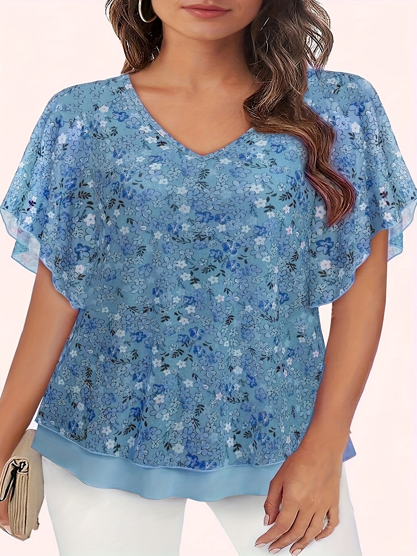 Women’s Floral Mesh V-Neck Blouse with Flutter Sleeves Lightweight Polyester