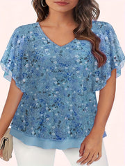 Women’s Floral Mesh V-Neck Blouse with Flutter Sleeves Lightweight Polyester