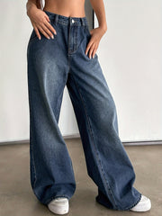 Women's Wide Leg Denim Jeans with Multiple Pockets and Vintage Style