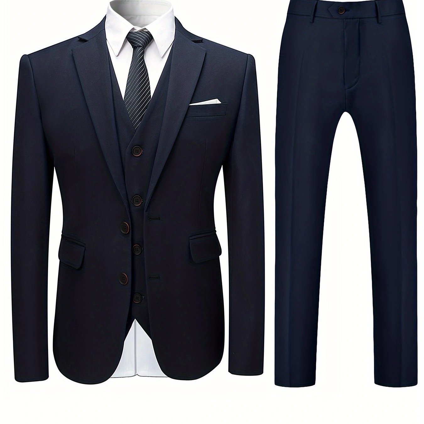 Men's Solid Color Woven Polyester Three-Piece Suit Set with Lapel Collar and Long Sleeves