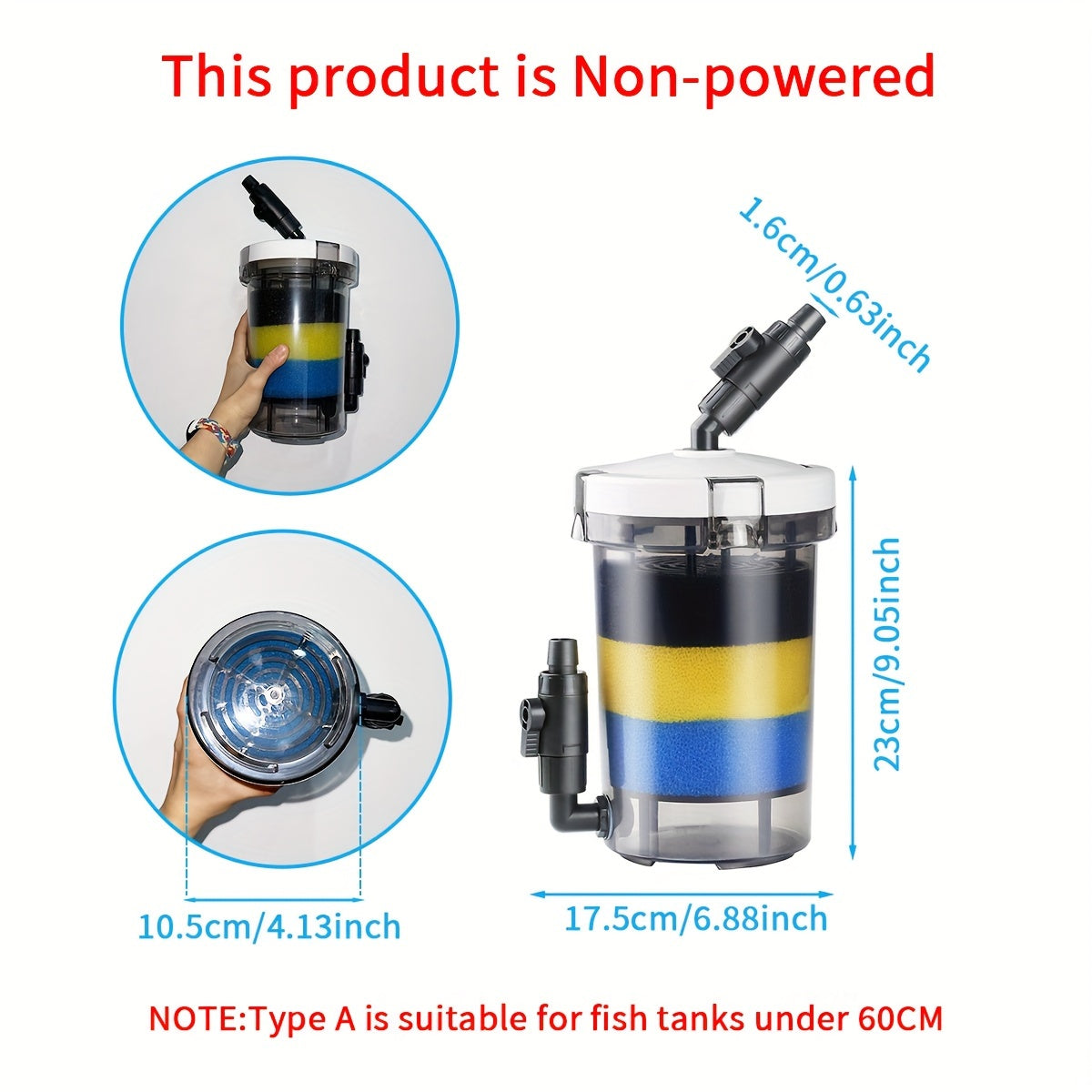 208.2 L gacha bo'lgan akvariumlar uchun jim filtr chelak, 16mm suv chiqishi, PVC material, shirin va tuzli suv uchun mos.