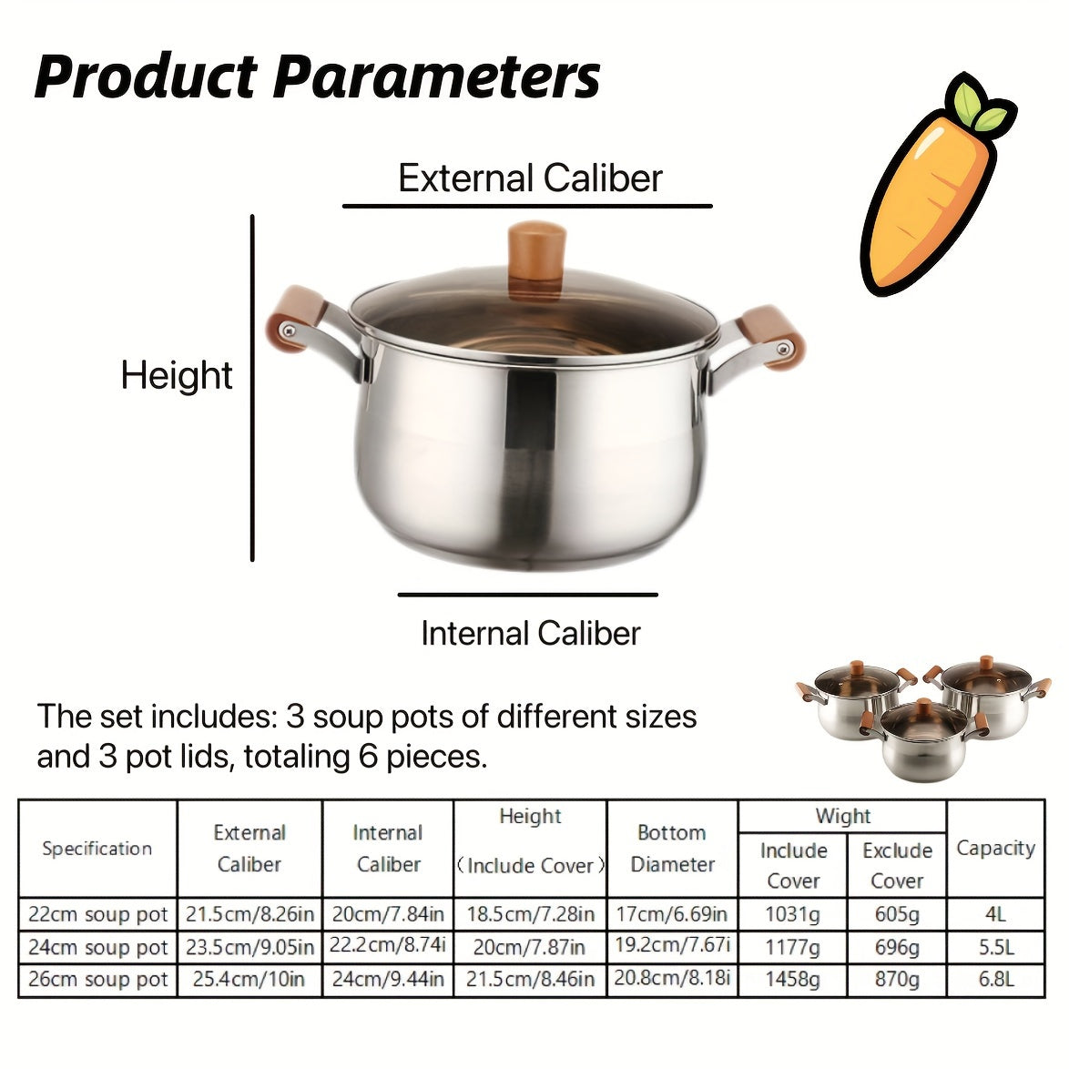 Juego de utensilios de cocina de acero inoxidable de 6 piezas con ollas para hervir y guisar aptas para lavavajillas