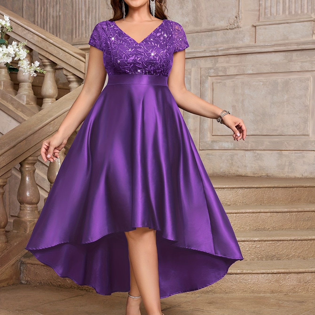 Vestido de talla grande con escote en V, encaje, sin mangas, midi, para fiesta, con purpurina