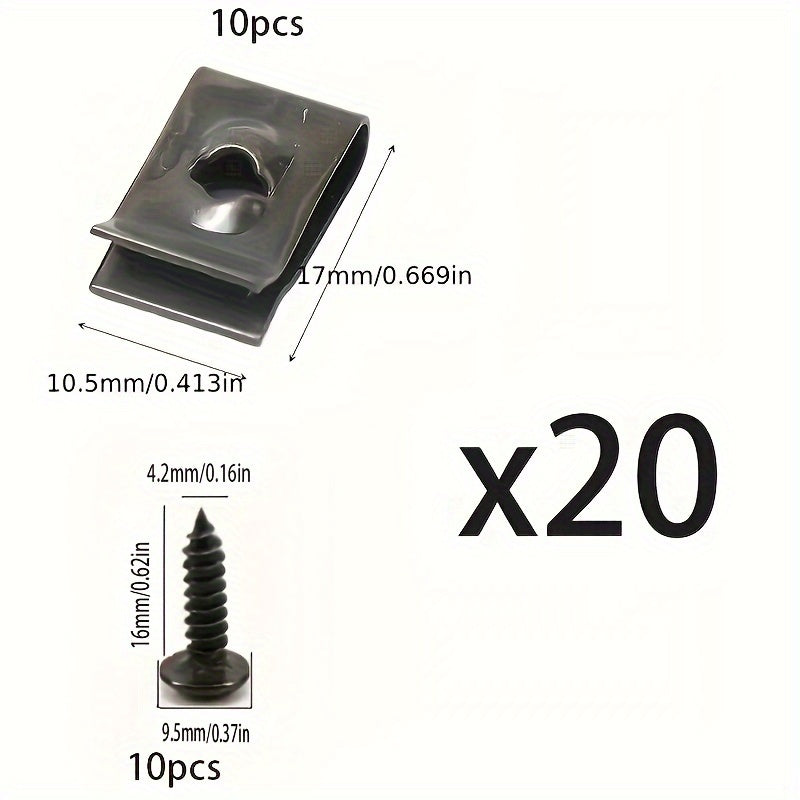 20pcs Metal U-Shaped Car Fender Clips with Screws Durable Automotive Fasteners
