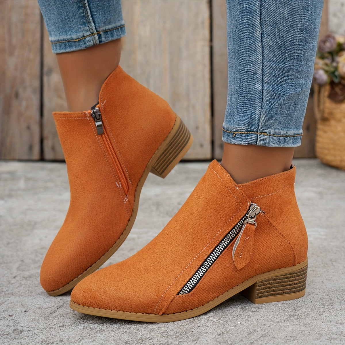 Women's Ankle Boots Solid Color Pointed Toe Mid-Heel Casual Slip-Ons